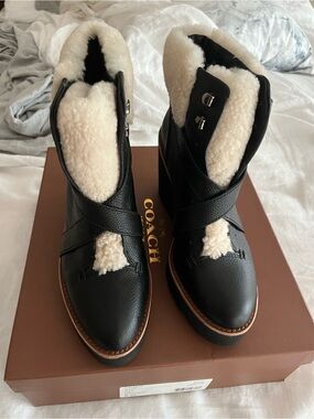 Coach Black Leather Ankle Boots with Cream Shearling